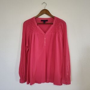 BANDOLINO Pink Crepe Cotton Peasant Top Long-Sleeve Smocked Yoke Blouse Shirt